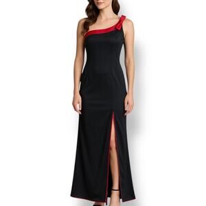 Vintage 90s One Shoulder Black Red Gown Made in USA Bow Detail Column Formal
